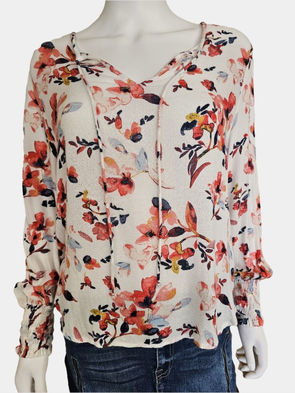 Lucky Brand V-Neck Floral Long Sleeve Peasant Blouse Size M